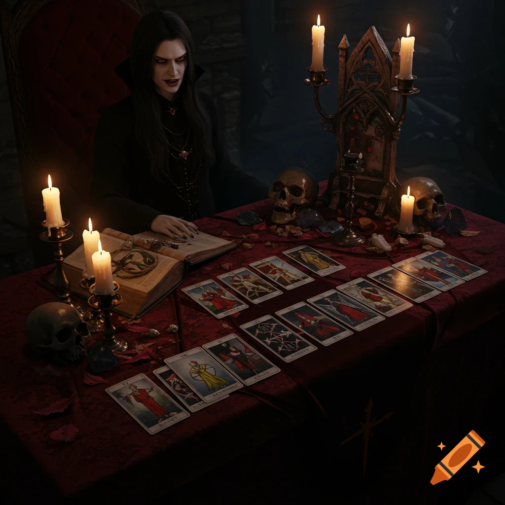 Vampire figure with tarot cards, skulls, and candles on a table, gothic aesthetic.
