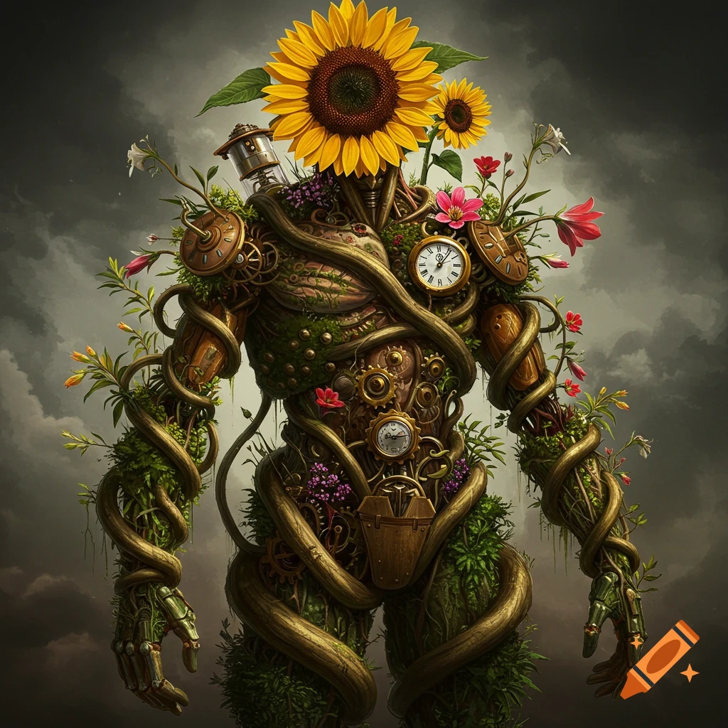 Steampunk golem creature made of vines, gears, clocks, and sunflowers, standing against a cloudy sky.