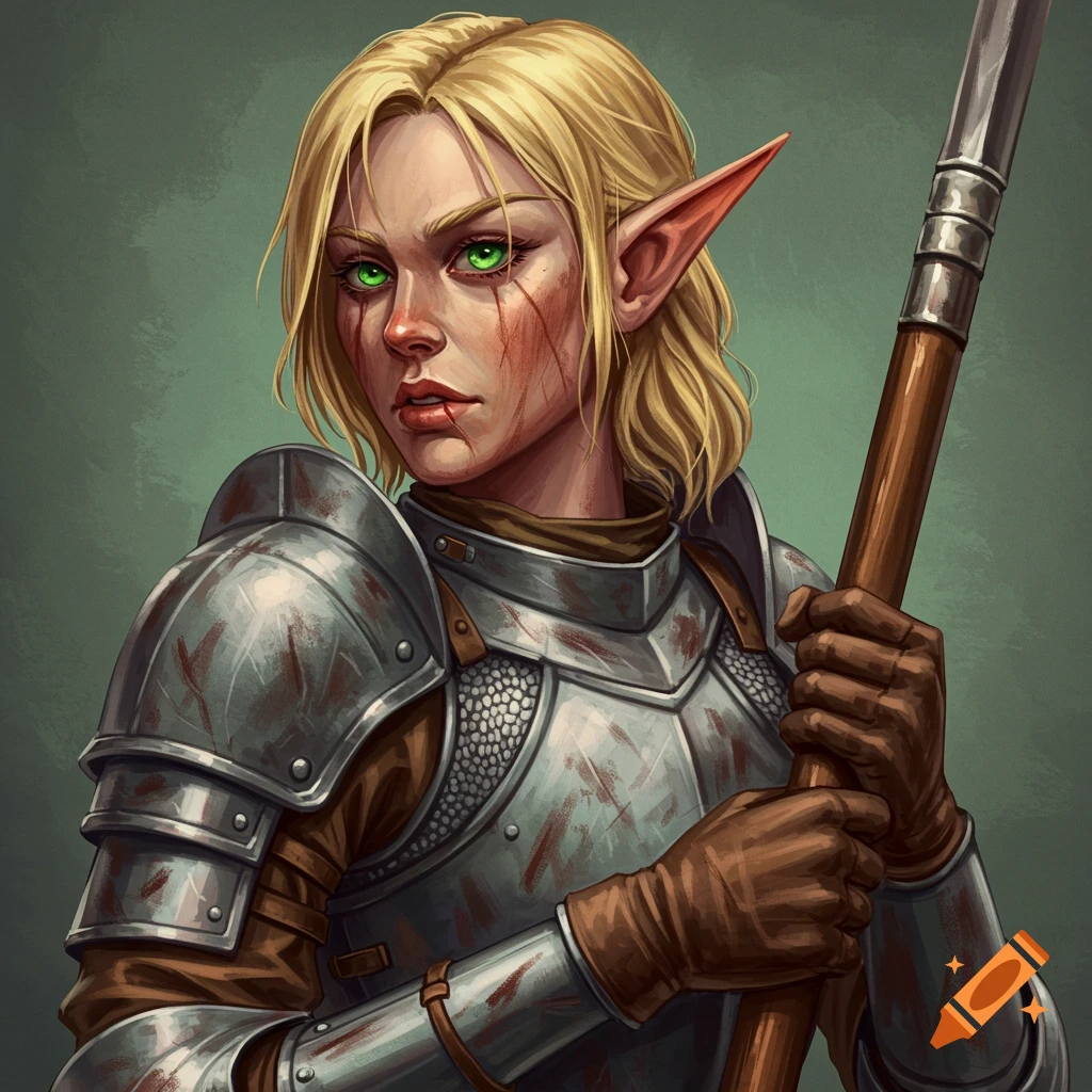A female half-elf paladin in armor with blonde hair, green eyes, and scars, holding a polearm.