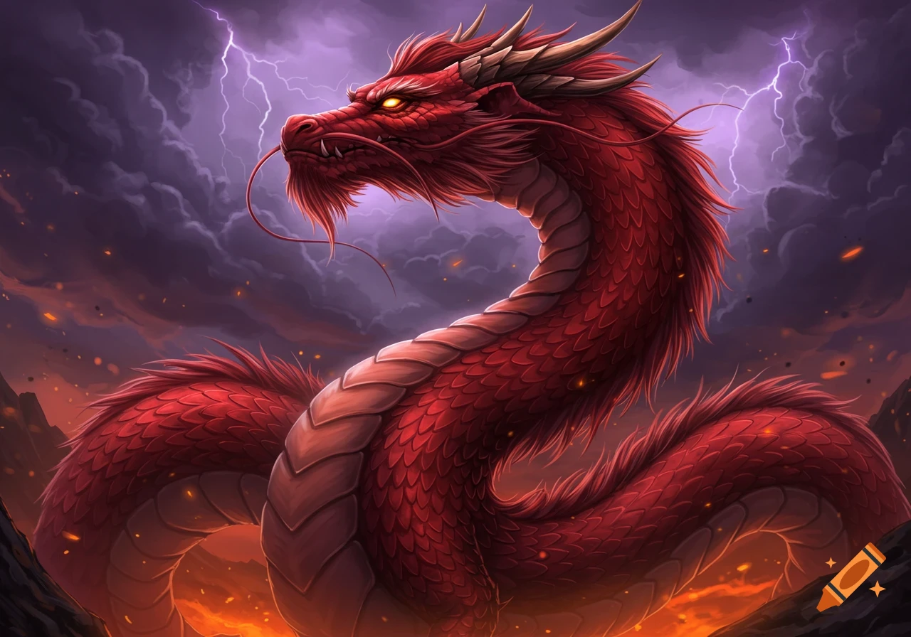 A red dragon rears its head against a stormy sky with lightning and fire below.