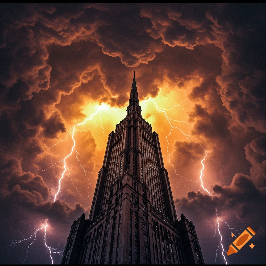 Dramatic low-angle view of a tall building against a stormy sky with lightning.