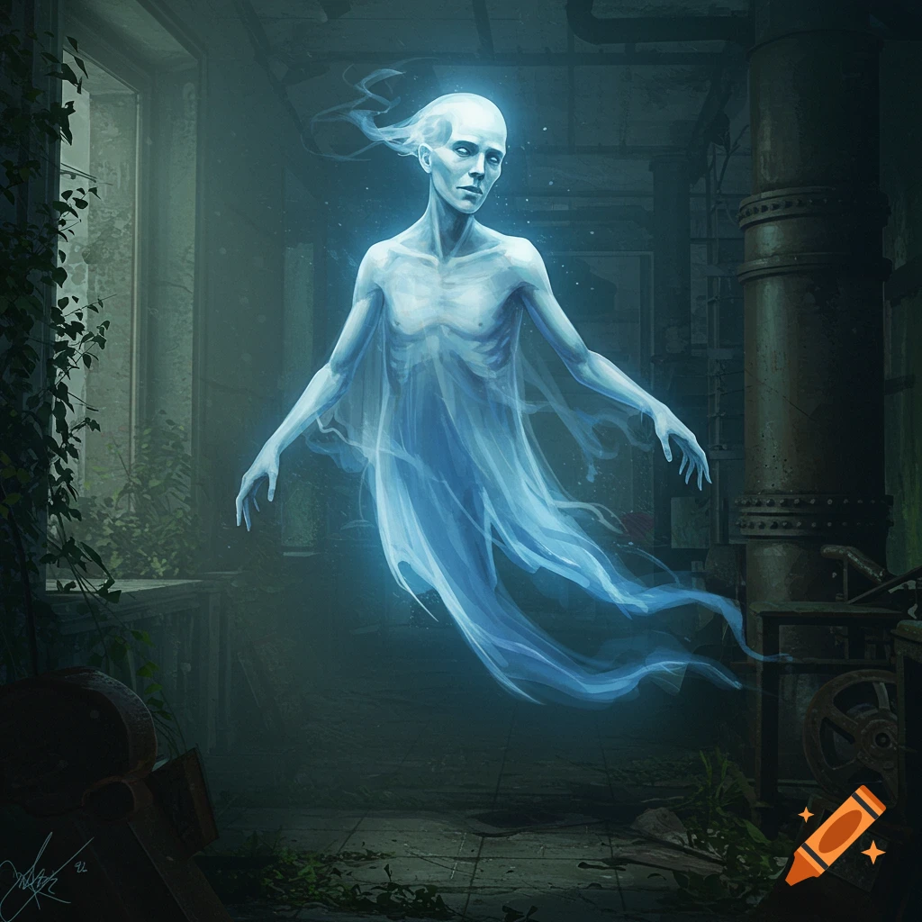 A glowing, spectral ghost figure floats in a ruined, overgrown room.