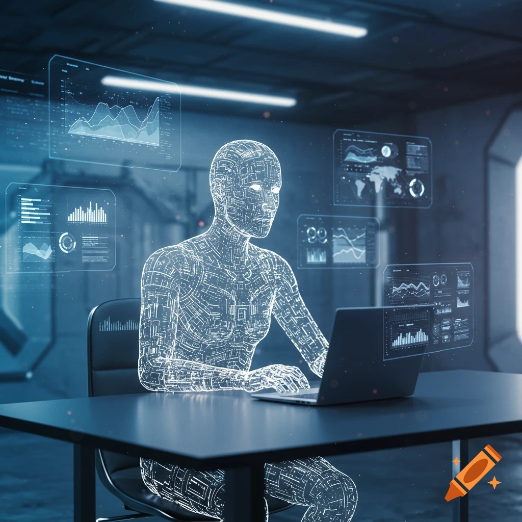 Holographic AI figure sits at a desk with a laptop and floating data screens in a futuristic room.