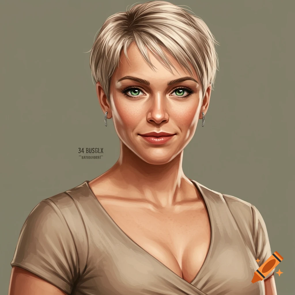 Portrait of a woman with short blonde hair, green eyes, and a V-neck top.