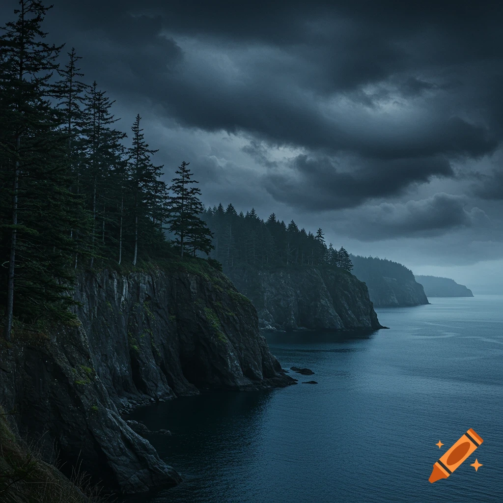 Dark, moody landscape of cliffs covered in pine trees overlooking dark water under a stormy sky.