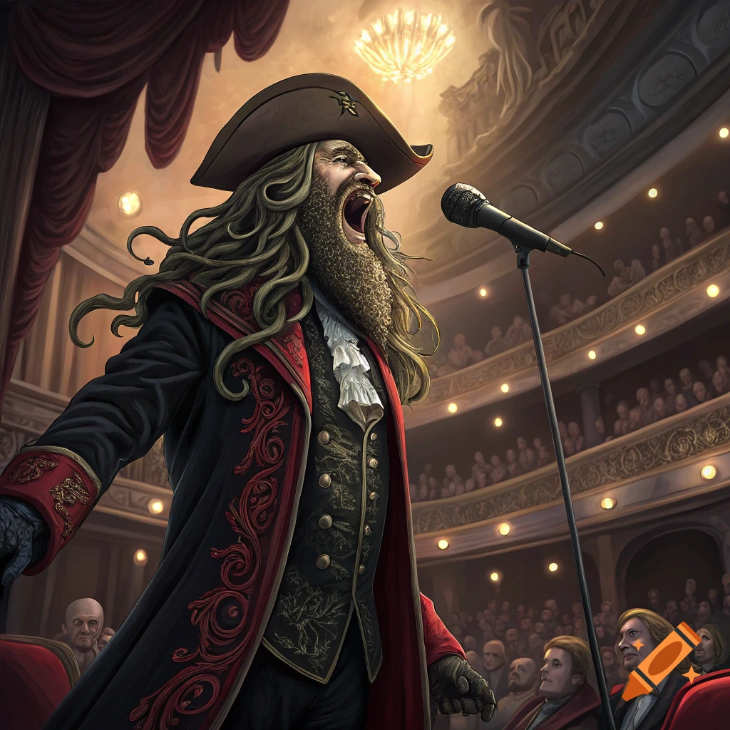 Davy Jones-like pirate singing opera on a stage to an audience.