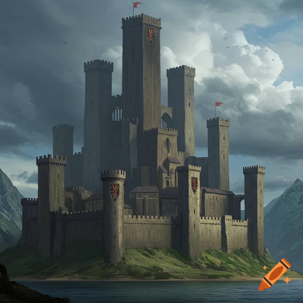 A vast stone castle stands on a hill by a lake under a cloudy sky.