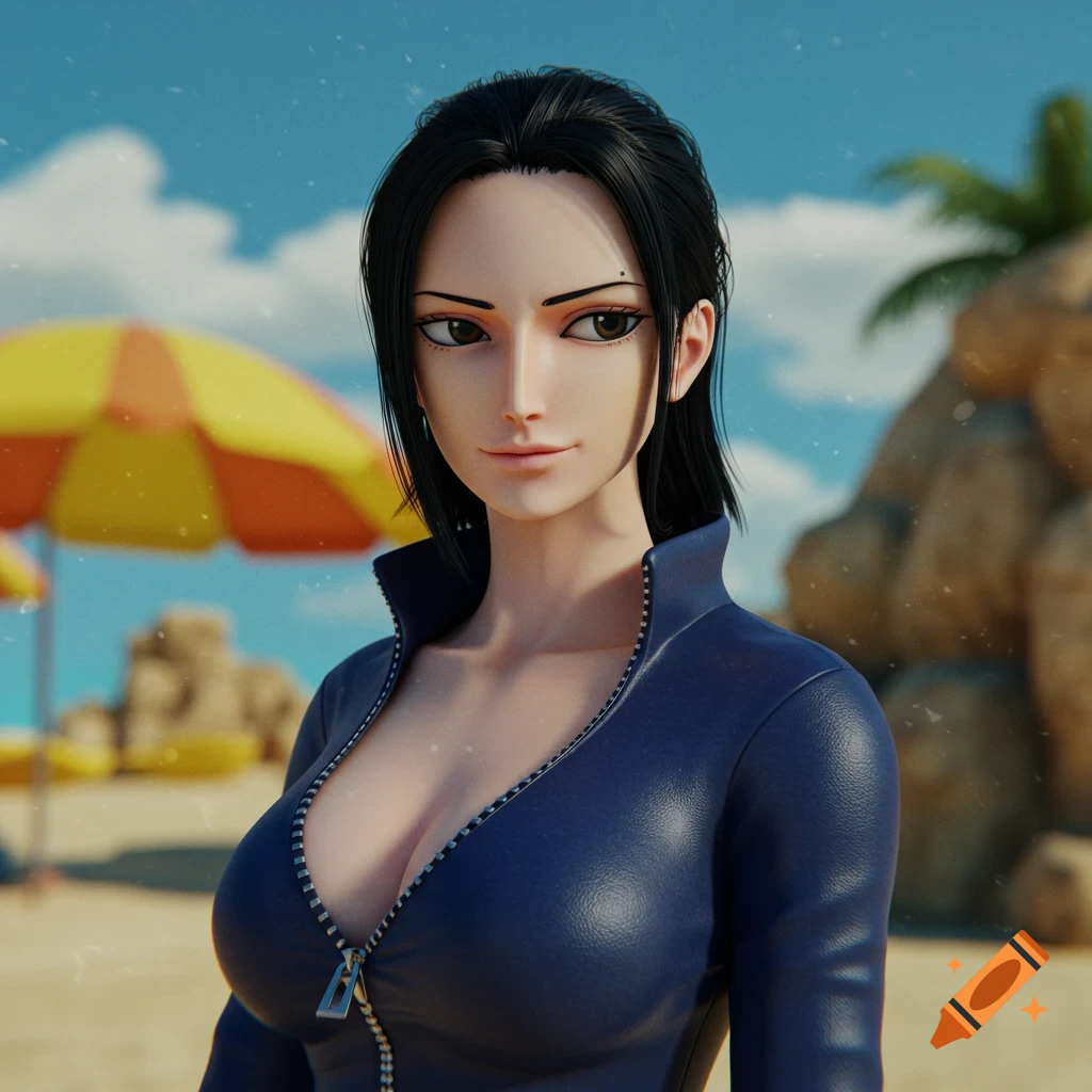 Realistic portrait of Nico Robin from One Piece at a beach.