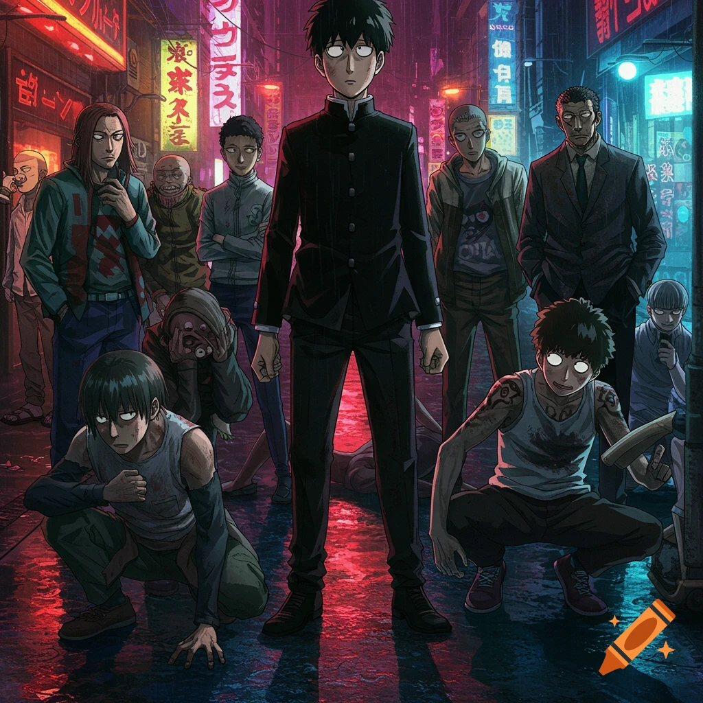 Stylized anime characters stand in a dark, neon-lit urban street.
