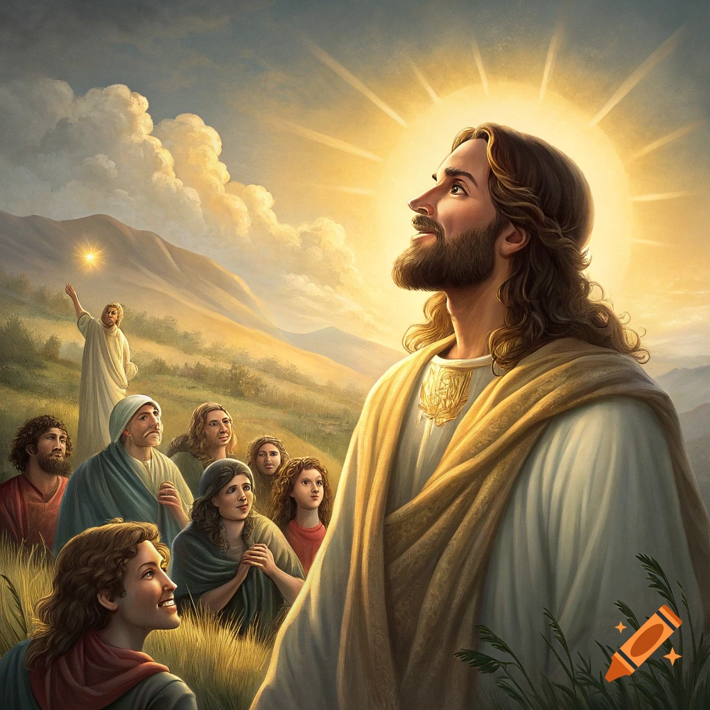 Jesus looks up at a bright light in the sky while a crowd of followers watches on a grassy hillside.