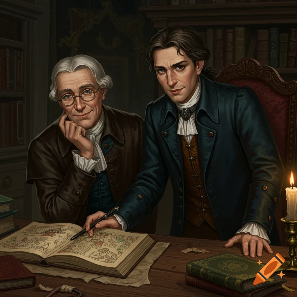 Two men in historical clothes examining an illustrated book.