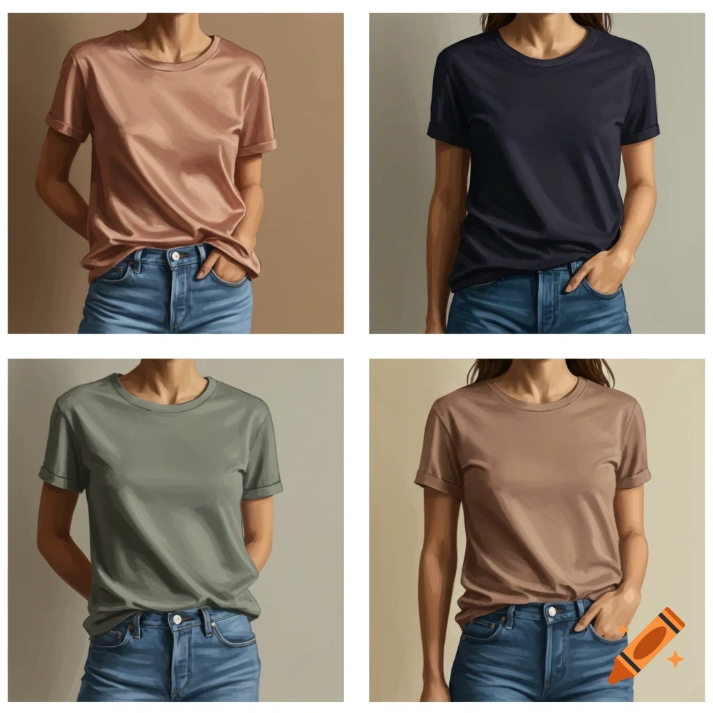 Four views of a person wearing different colored t-shirts and jeans.