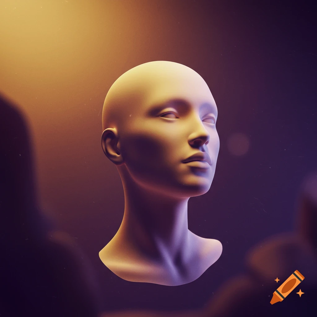 Surreal smooth faceless bust sculpture floating in a dark void with warm and cool lighting.