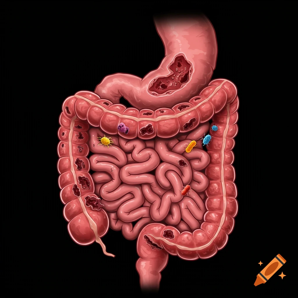 A damaged human digestive system with microbes