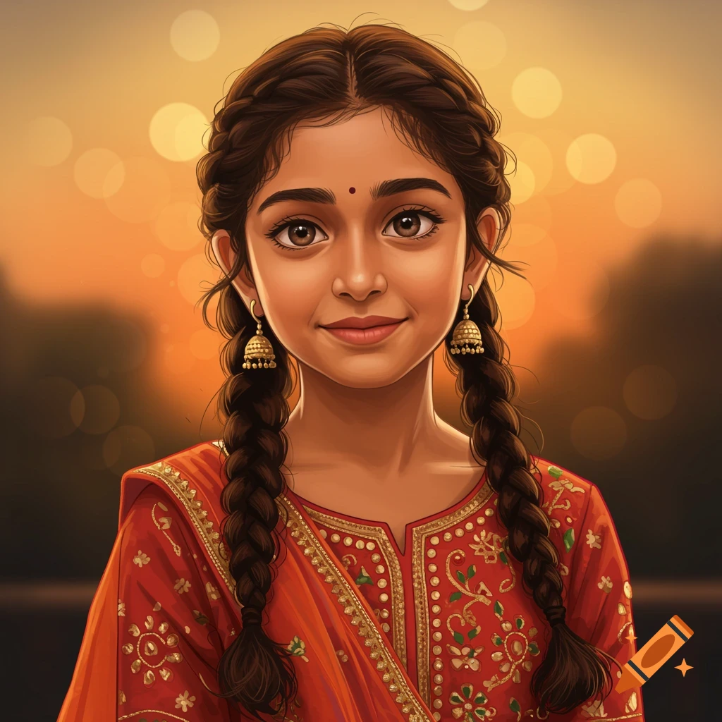 A young Indian girl with braids wearing a traditional red dress with embroidery.