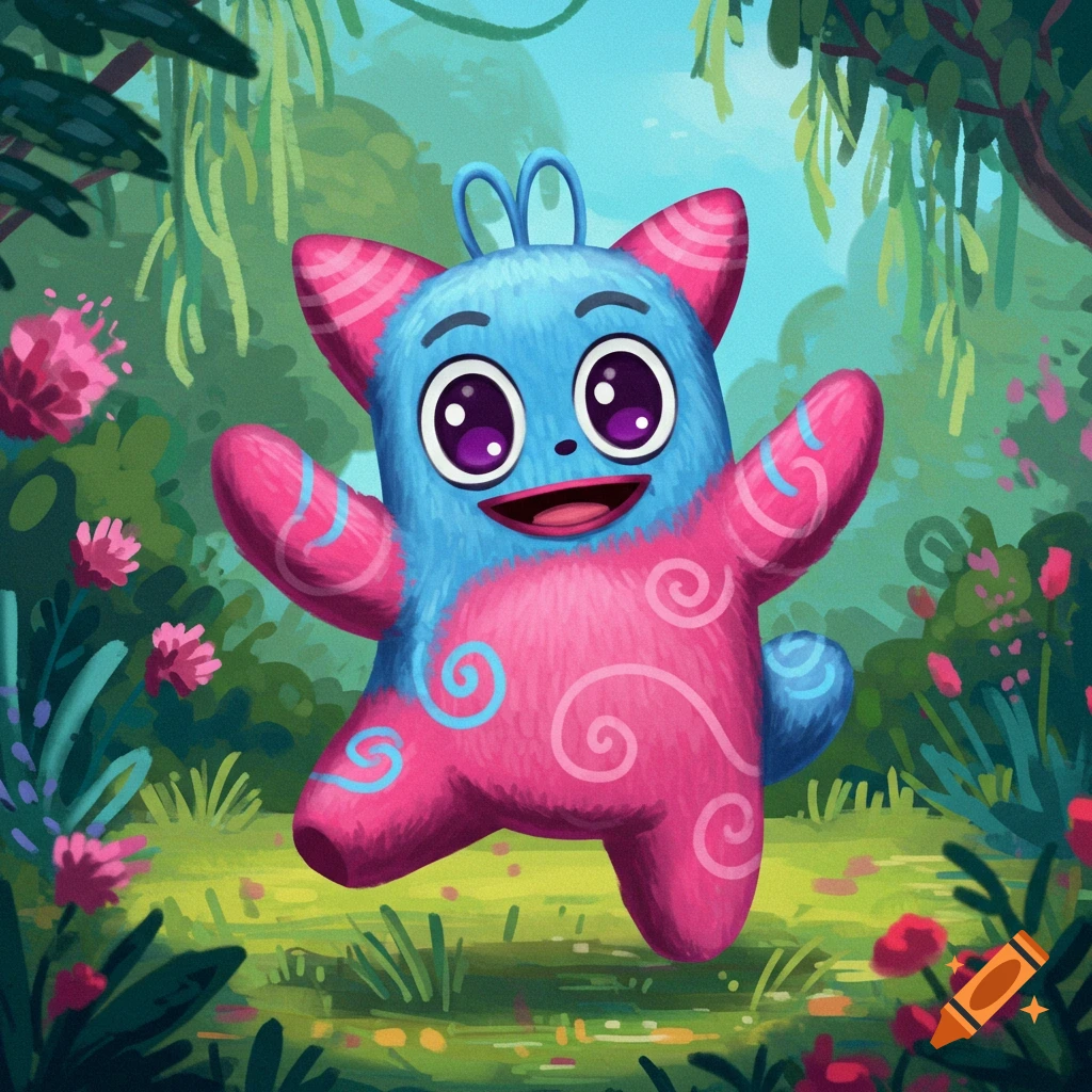 A blue and pink cartoon monster stands in a lush fantasy forest.