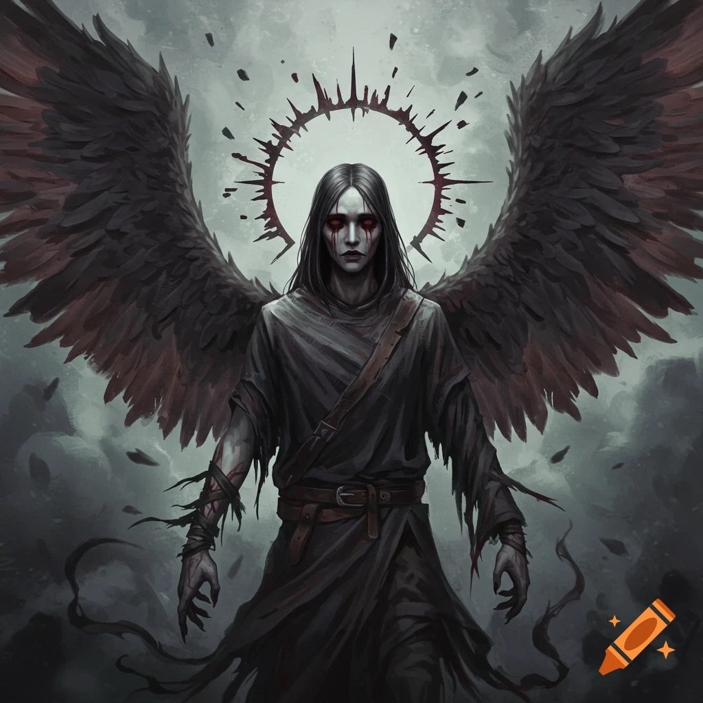 A figure with dark wings, red eyes, and a spiky halo stands in a dark atmosphere.