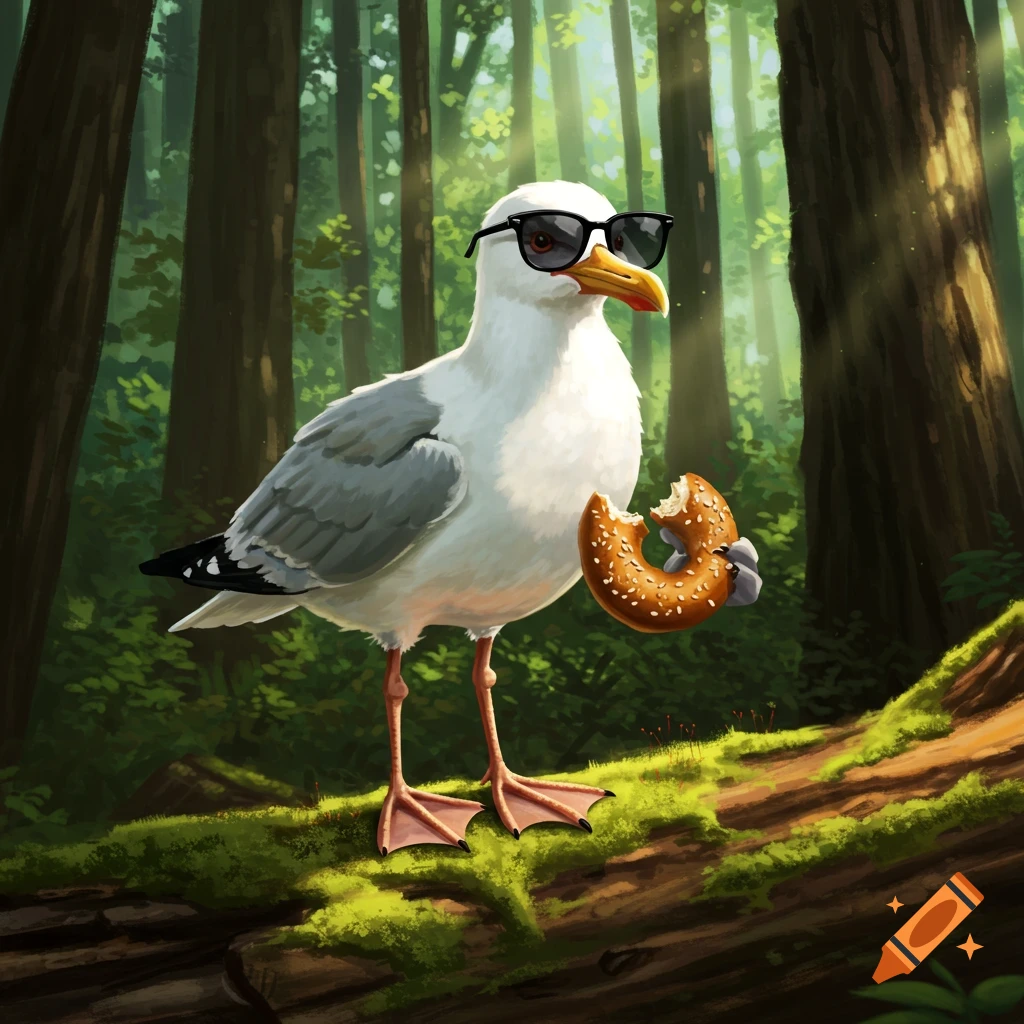 A seagull wearing sunglasses and holding a bagel in a forest.