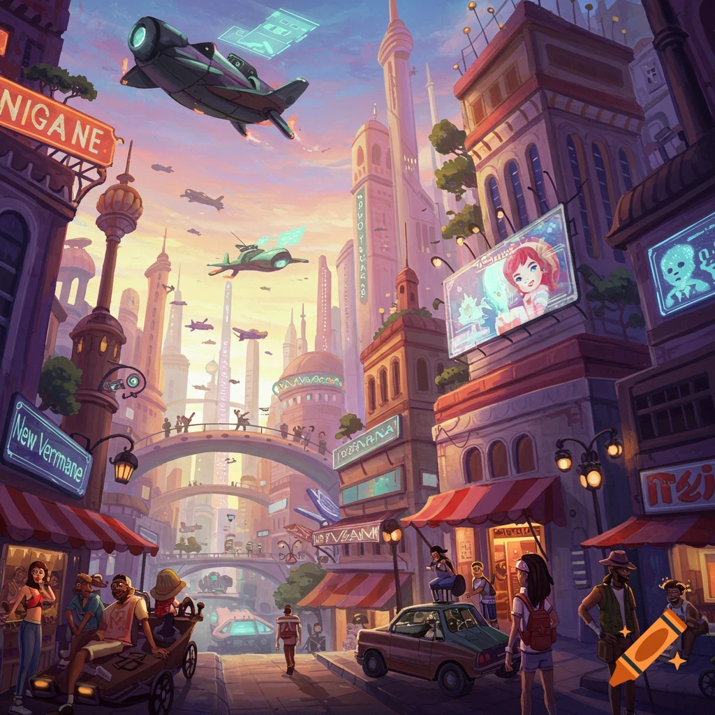 A painting of a futuristic city with flying vehicles, tall buildings, and crowds.