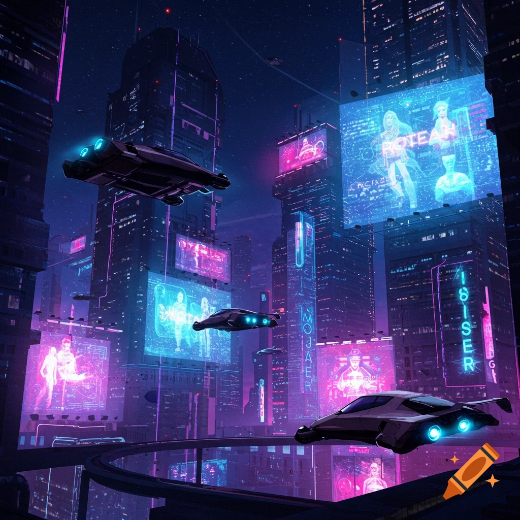 A futuristic city at night with flying cars and neon holographic billboards.