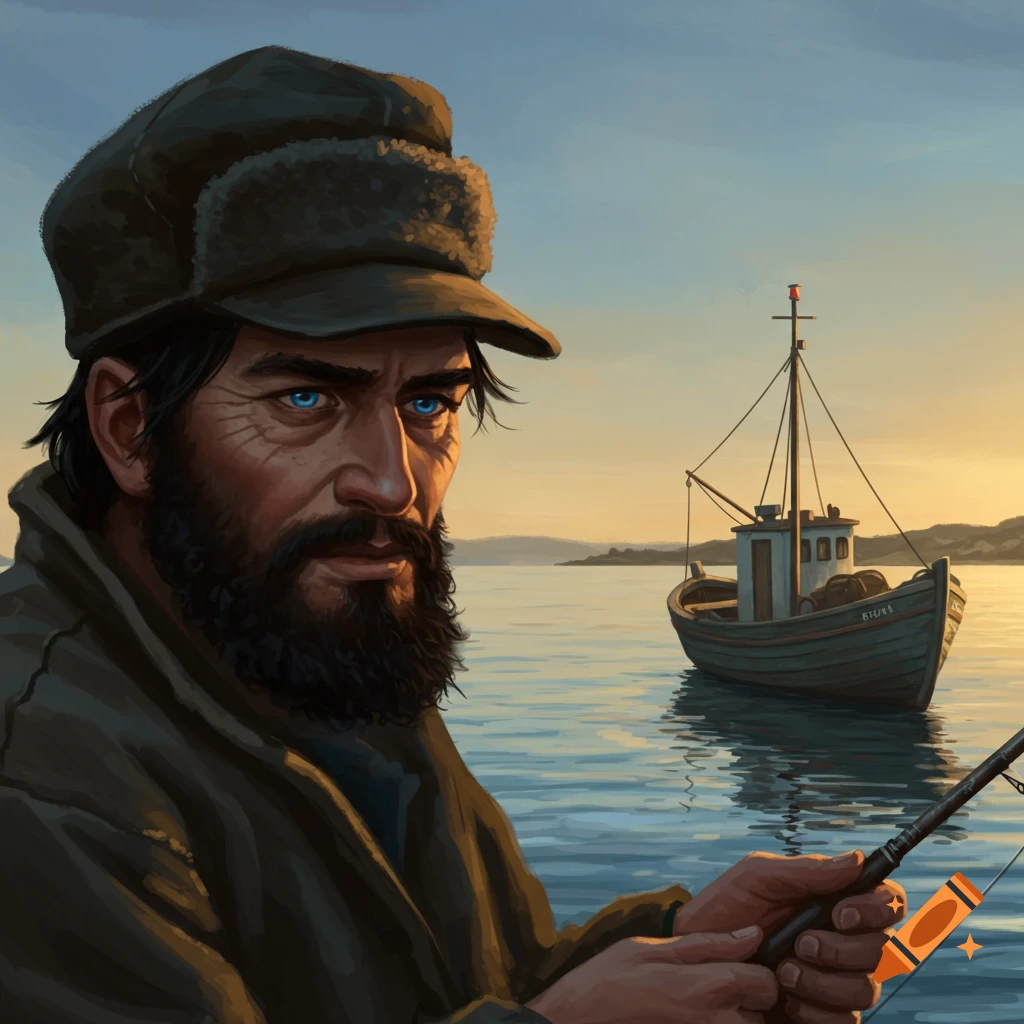 A man fishing with a beard and cap, with a boat on the water at sunset.