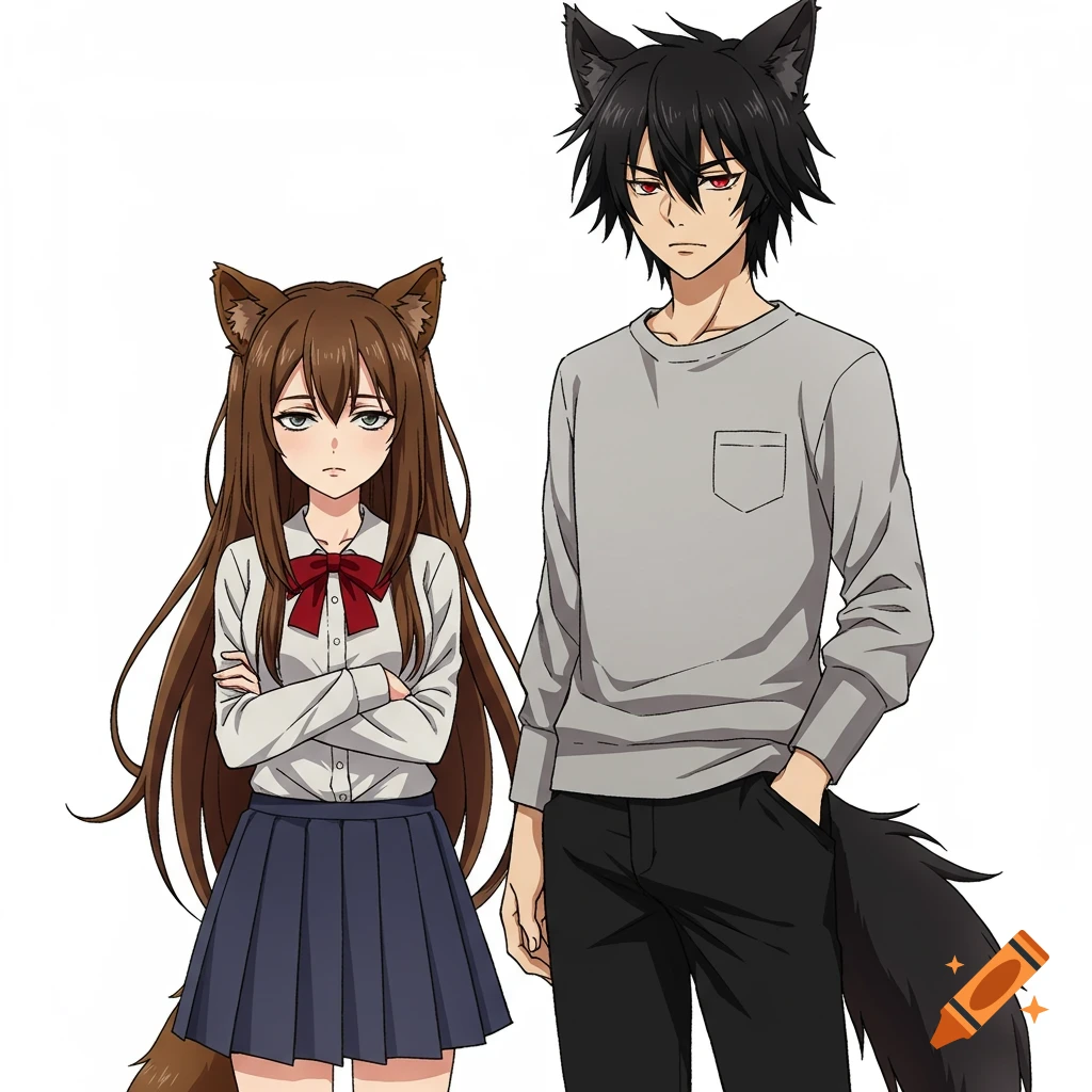 Anime illustration of a girl and boy with animal ears and tails.