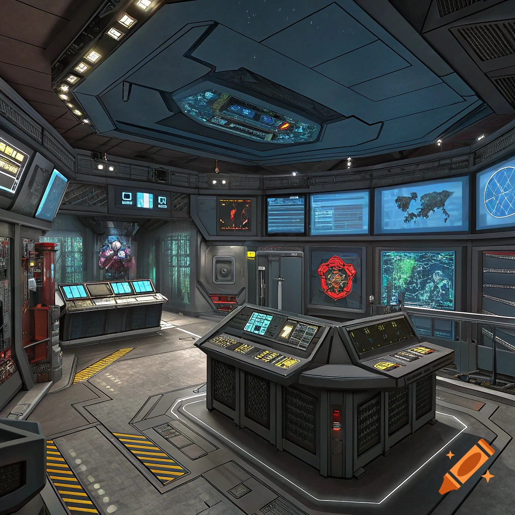 A futuristic sci-fi control room with multiple screens and control panels, in a style resembling cel-shaded CGI.