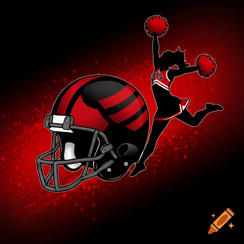 Logo of a red and black football helmet and a jumping cheerleader with pompoms.
