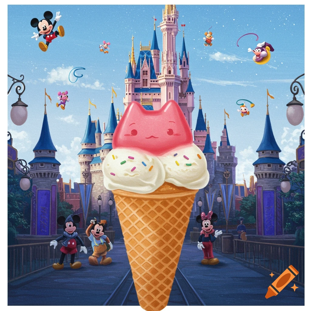 A large pink cat-shaped ice cream cone stands in front of a Disney castle with Mickey Mouse, Minnie Mouse, and cartoon characters.