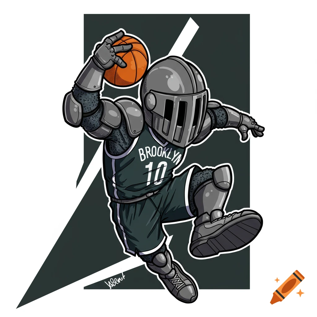 Cartoon knight mascot in Brooklyn Nets jersey playing basketball