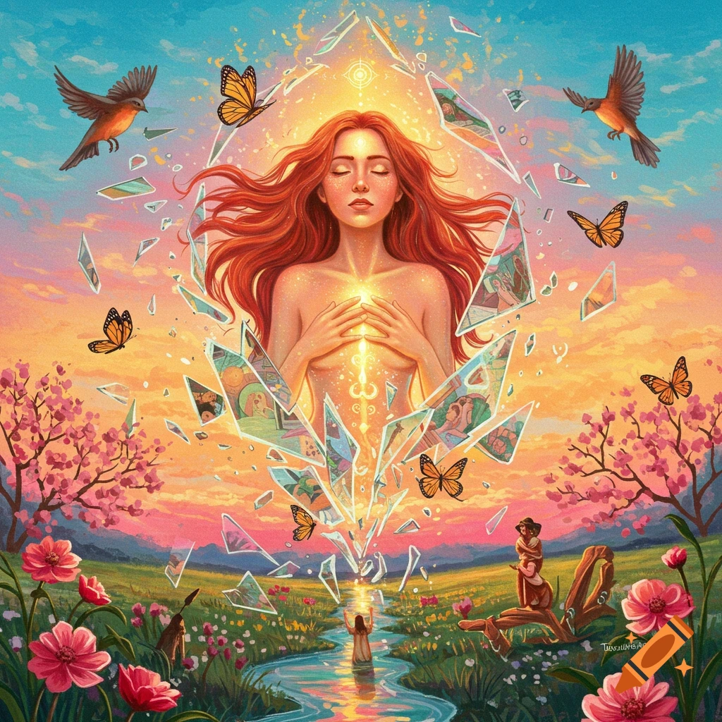 A woman emerges from shattered glass with glowing energy, surrounded by nature and spiritual elements.