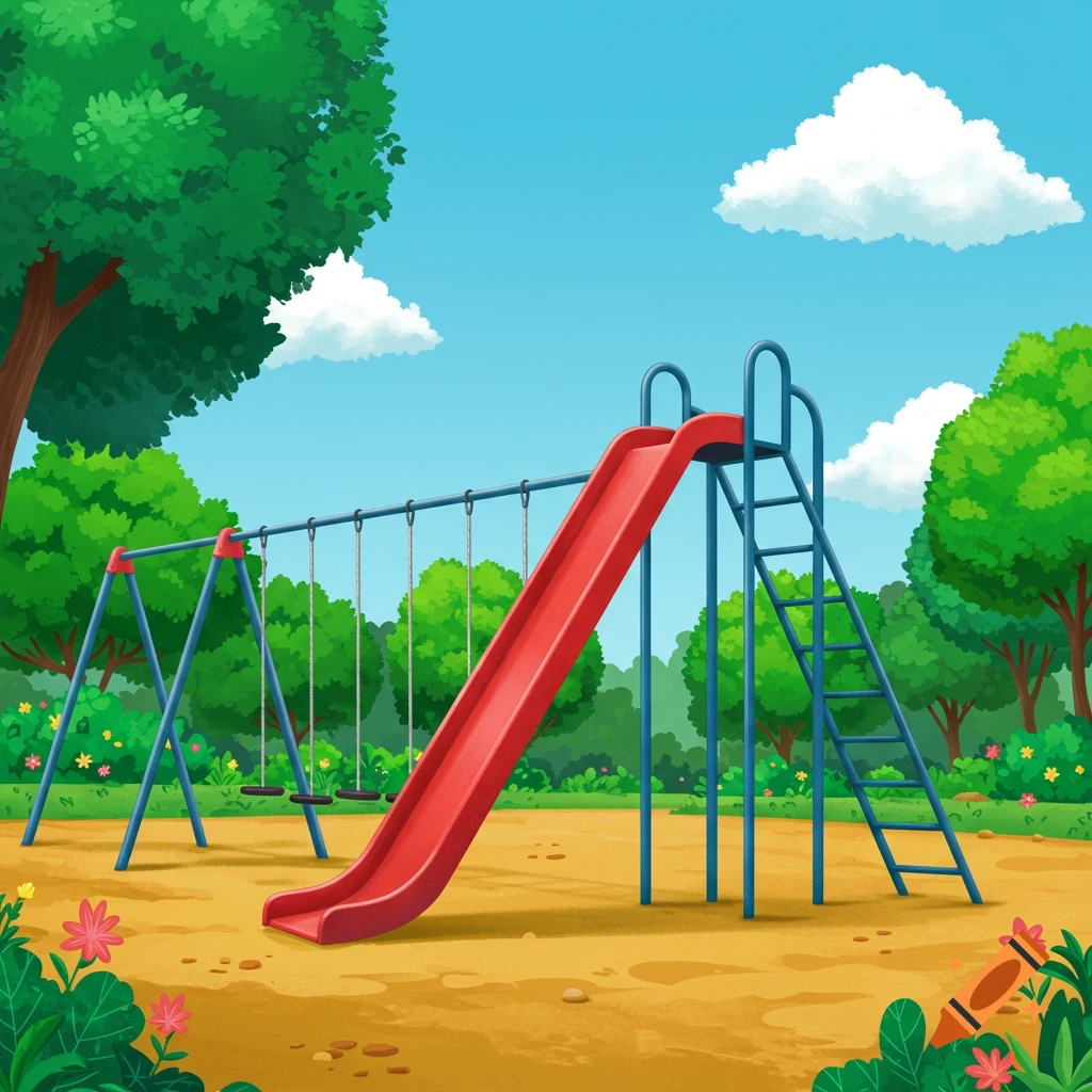 A cartoon park playground with a red slide and swings under a blue sky with clouds.