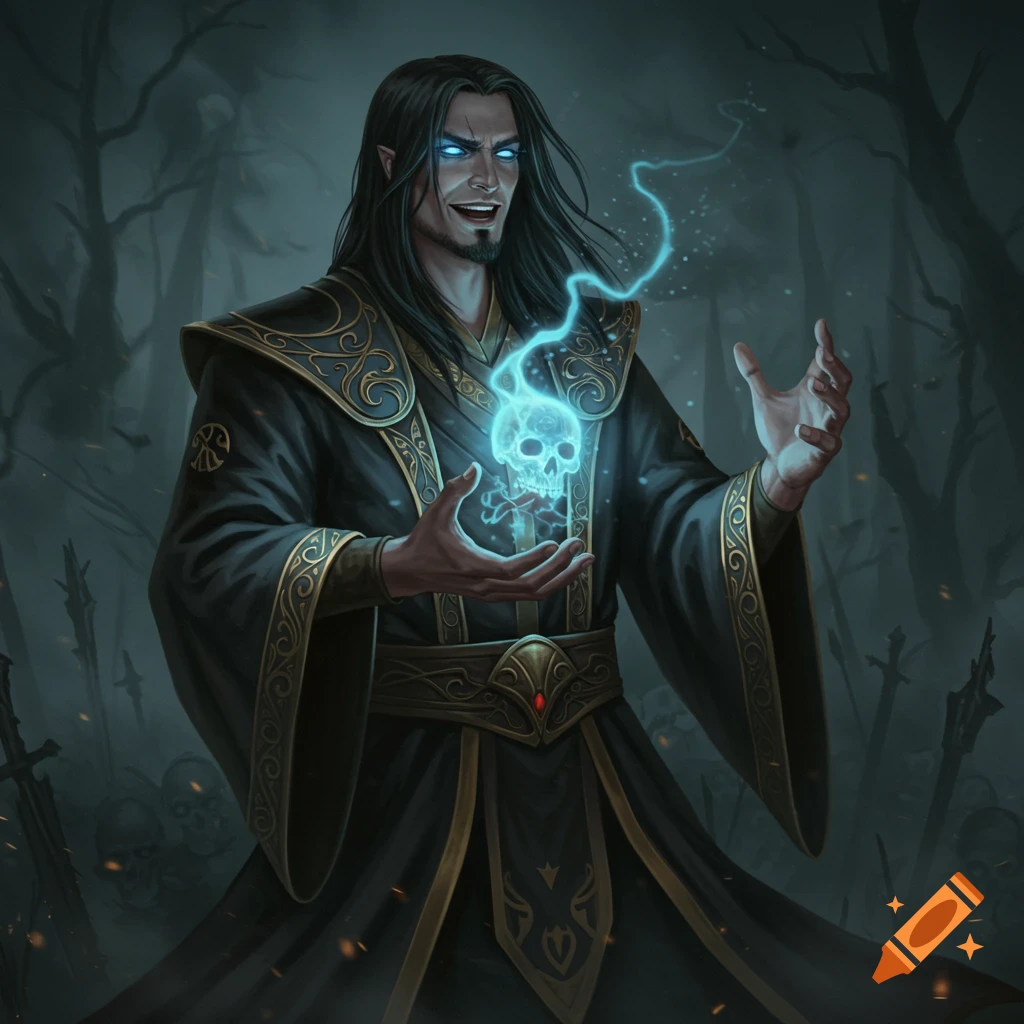 A dark sorcerer with glowing eyes holding a mystical glowing skull.