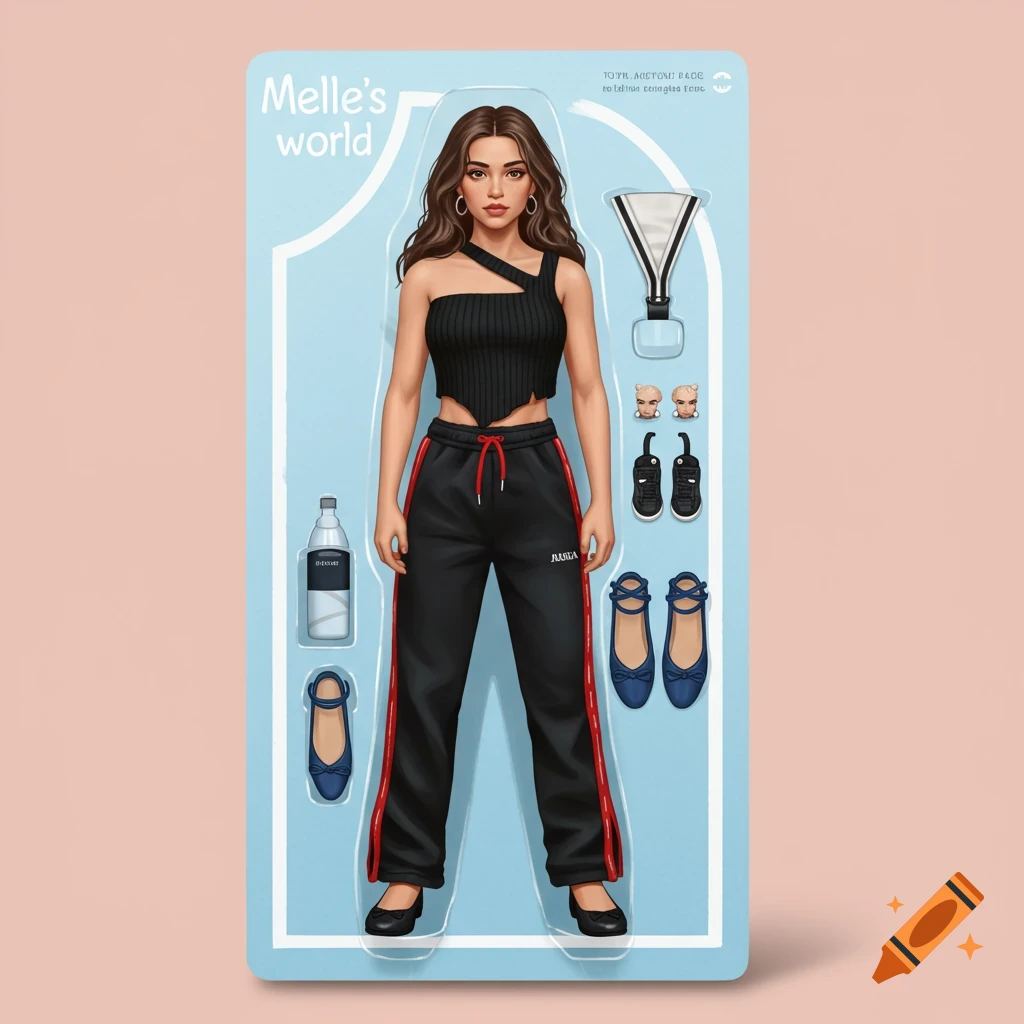 An action figure of a woman in a black top and track pants, packaged with accessories.