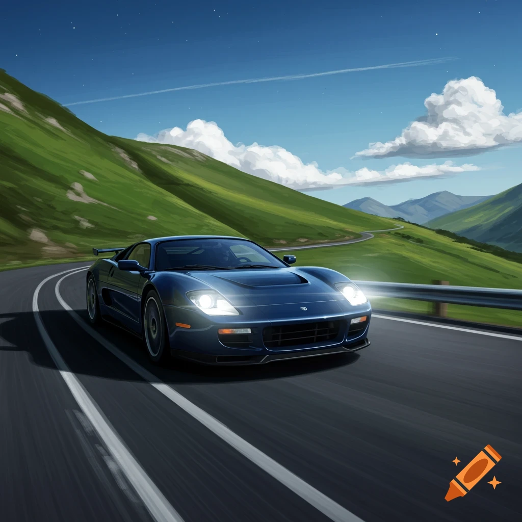 A blue sports car drives on a winding mountain road through mountains.