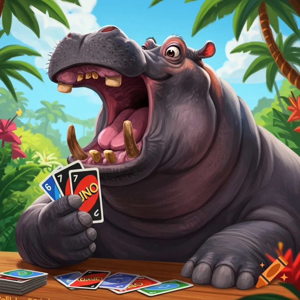 Cartoon hippo playing UNO cards at a table in a jungle