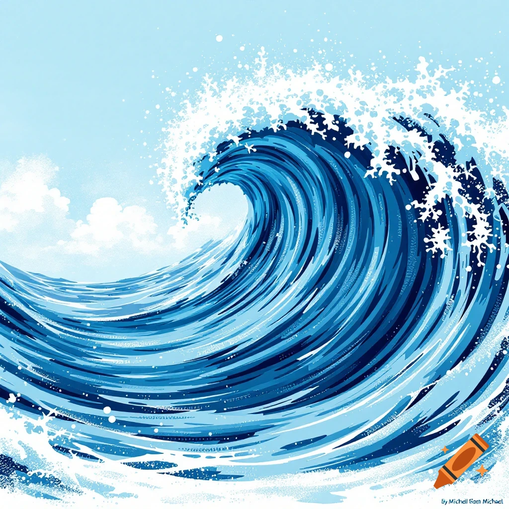 A large stylized blue ocean wave cresting against a light blue sky.