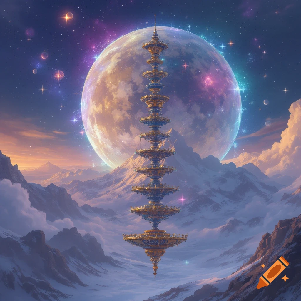 A tall, multi-tiered golden tower floats above snowy mountains under a large moon and starry sky.