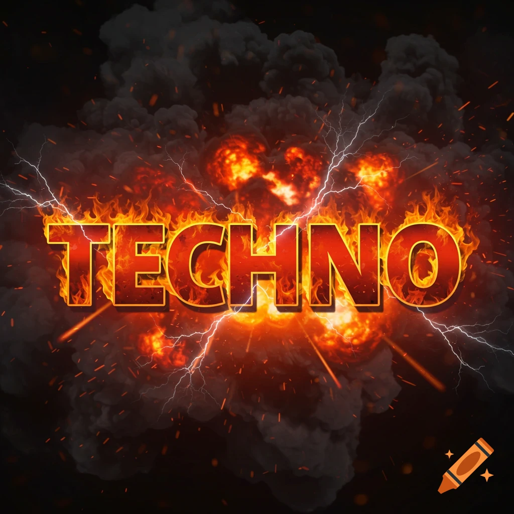The word TECHNO engulfed in flames, surrounded by smoke, lightning, and explosions.