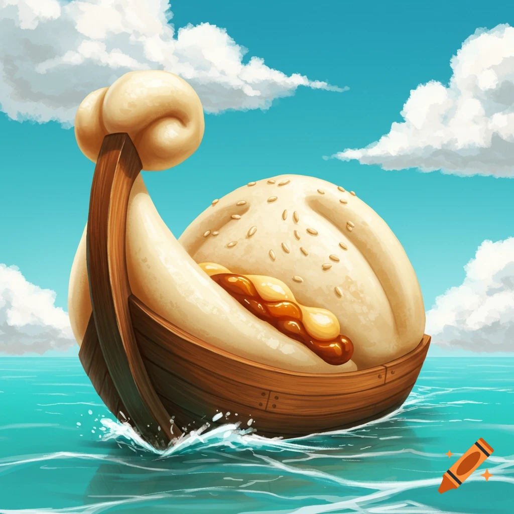 A boat with a large bao bun for a hull and bow, sailing on turquoise water under a cloudy sky.