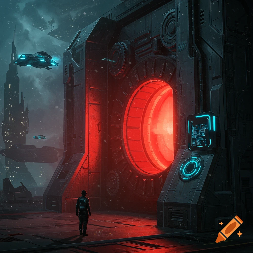 A person stands before a giant glowing red sci-fi portal with spaceships in a futuristic city.