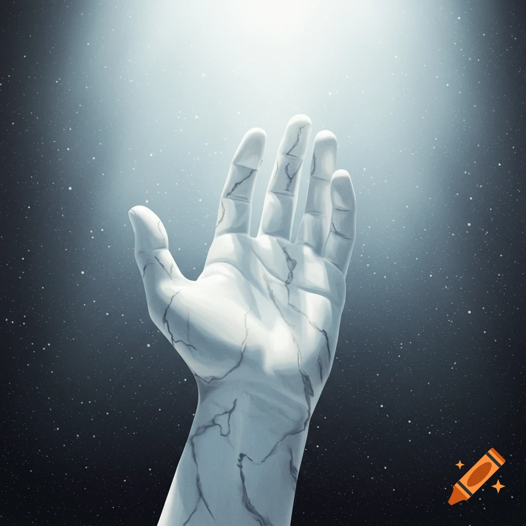 A white marble hand reaches upward into a bright light against a starry background.