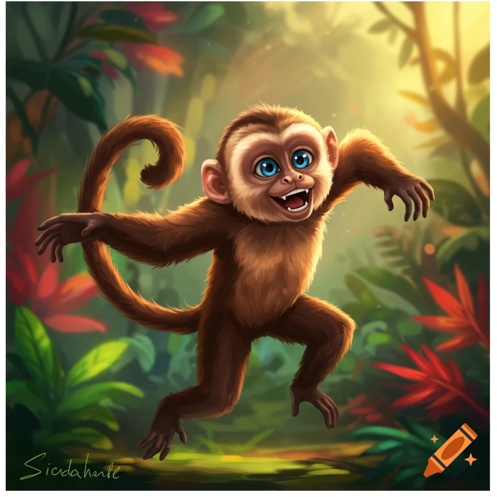 A cartoon monkey jumps and dances in a sunny jungle clearing.