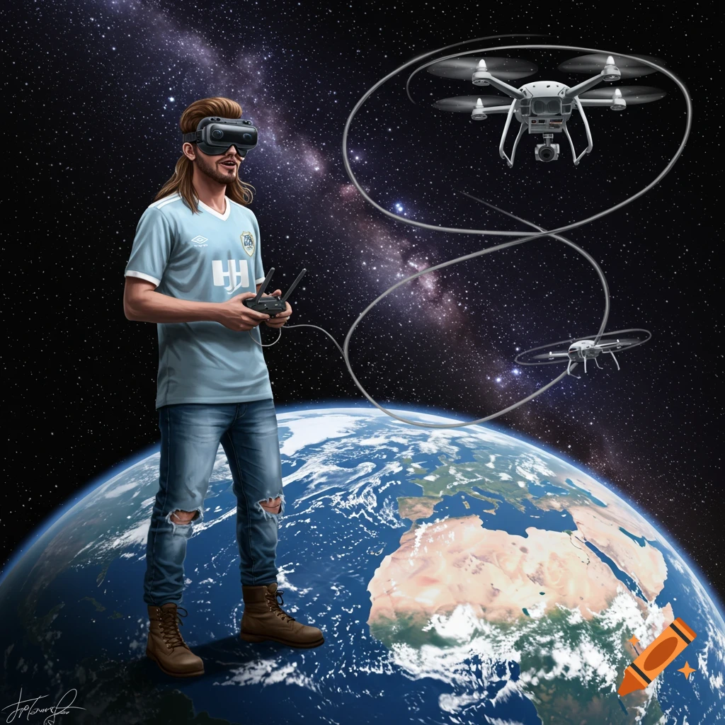 A man in VR goggles on Earth is flying drones in space.