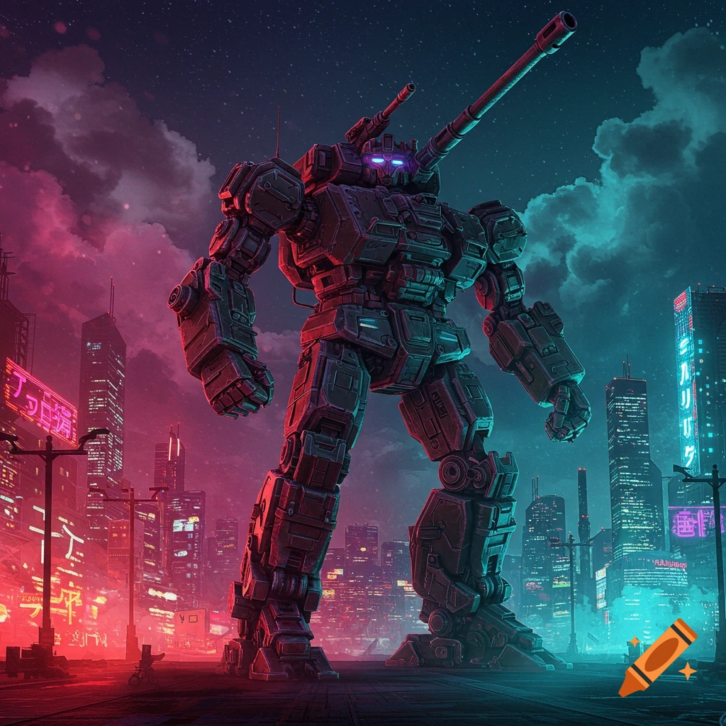 A giant futuristic mech stands in a dark cyberpunk city with neon lights at night.