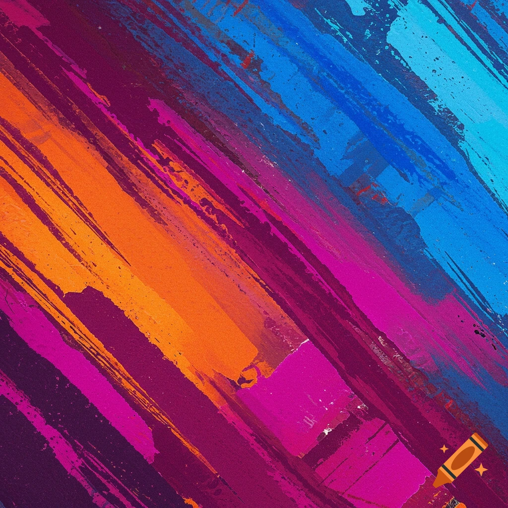 Abstract painting with diagonal brush strokes in orange, magenta, blue, and purple.