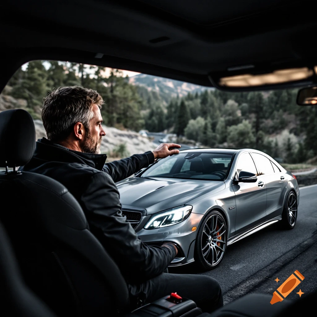Man in a car looking at a silver sedan on a mountain road.