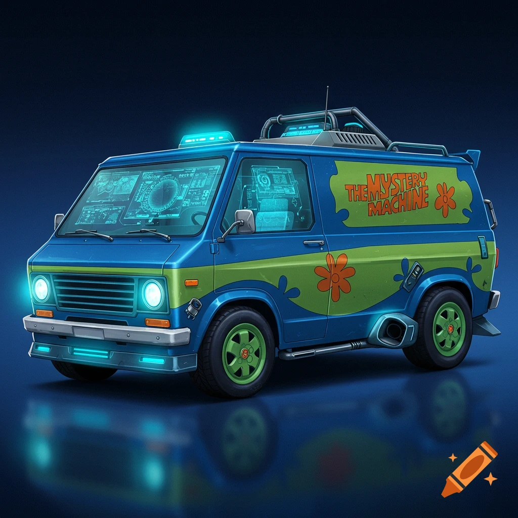 The Scooby-Doo Mystery Machine van with futuristic diagnostic screens inside.