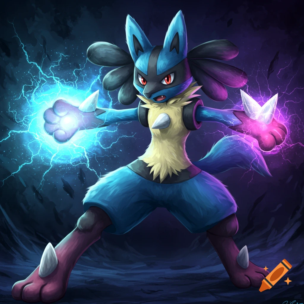 Mega Lucario charges blue and purple energy