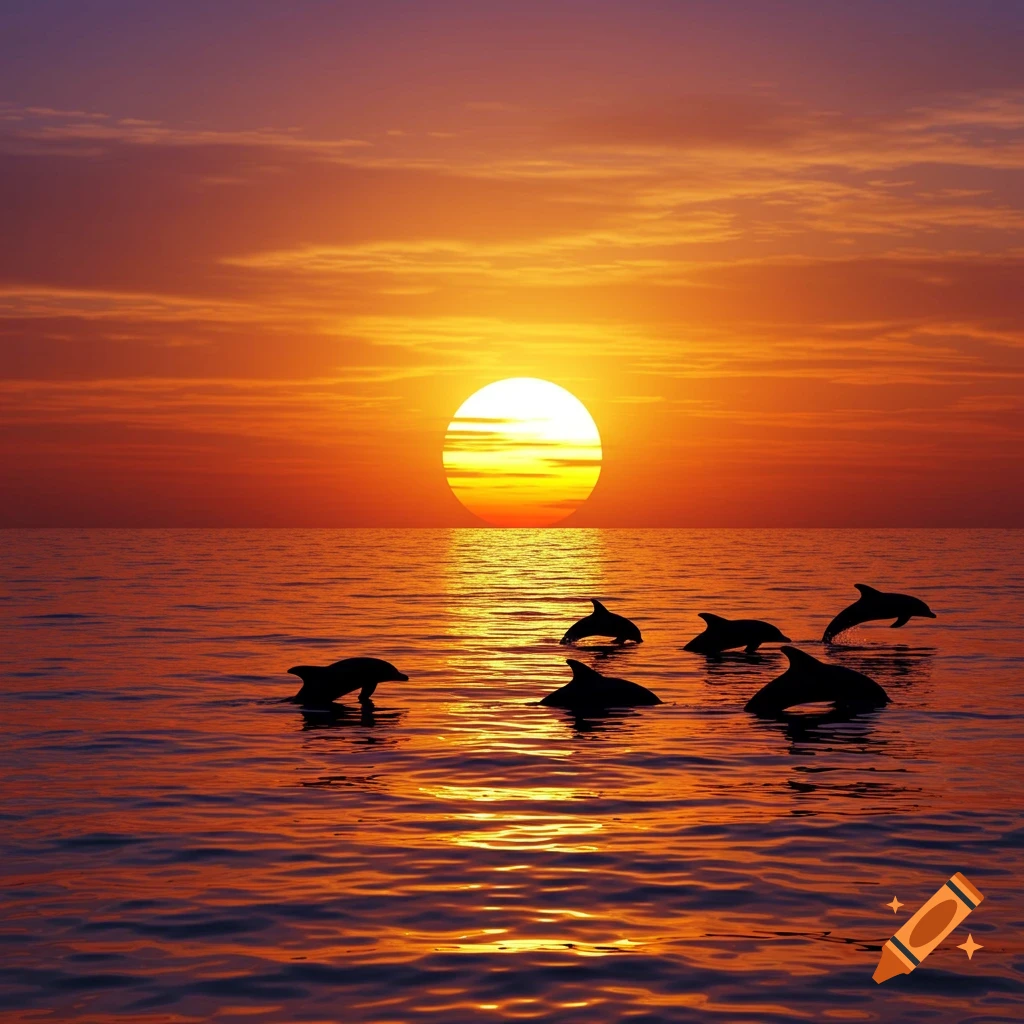 Silhouettes of dolphins playing in the ocean against a vibrant orange and purple sunset.